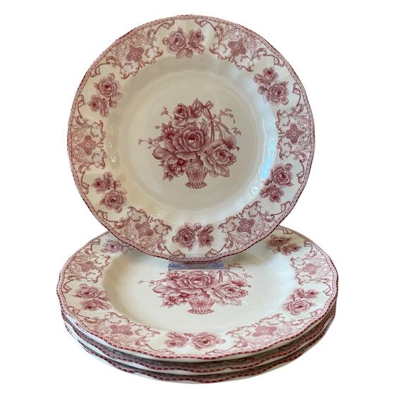 4pc Palate & Plate Victorian RED Rose Floral 10.5" Dinner Plates Scalloped New - Picture 8 of 14